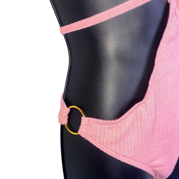 New Medium Pink Ribbed O-Ring Cut-out Open One Piece Swimsuit Strappy Tie Padded - Picture 5 of 5